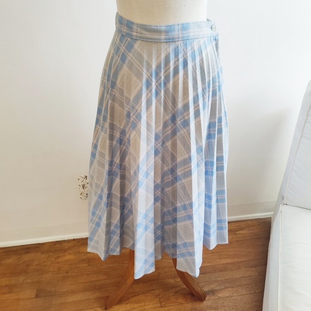 Sears Vintage 70s Plaid Skirt • Skinny Pleats • Baby Blue • Size Small